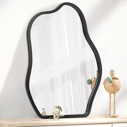 Wall Mirror Irregular Wavy Mirror Modern Wood Frame Mirror Unique Shape Asymmetrical Wall Vanity Artistic Mirror Decor for Living Room Bedroom Bathroom Entryway Hallway Black Large