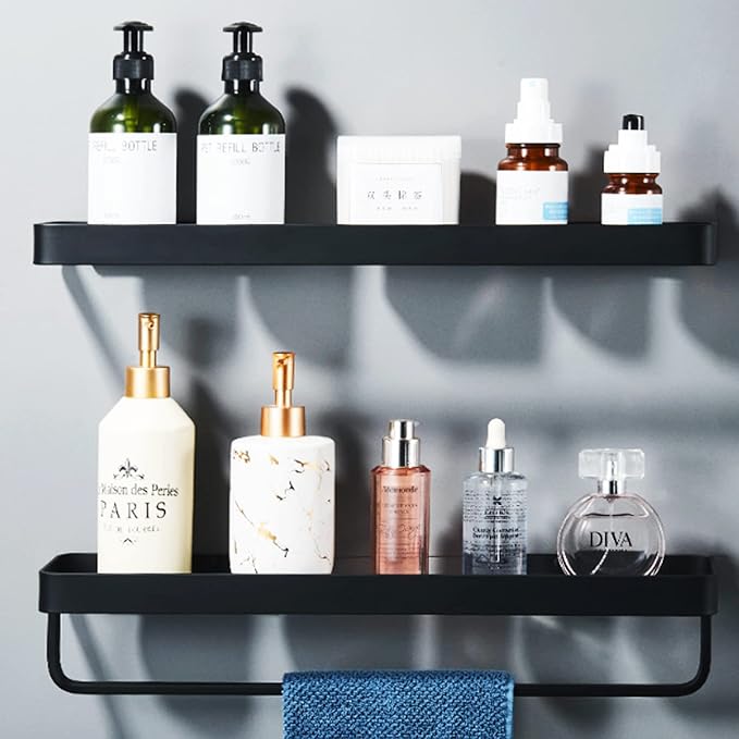 15.7" Bathroom Wall Shelf, Black Shower Caddy Shelves with Tempered Glass, Bathroom Shelves Wall Mounted, Rectangle Glass Shelf for Shower Organization and Storage (1 Tier)