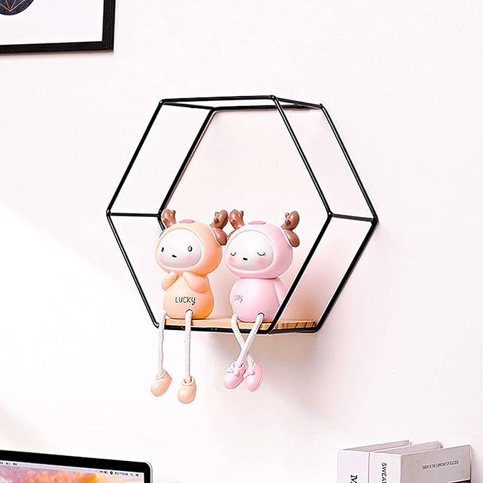 Hexagon Floating Shelves, Wall Mounted Decorative Geometric Shelf for Wall Decor, Different Sizes Modern Metal Framed Gold Shelf, for Living Room, Bedroom, Kitchen, Office, Set of 3 Size