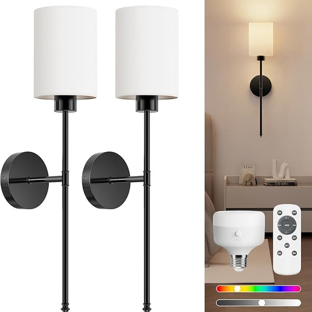 NIORSUN 24 inch Battery Operated Wall Sconce Set of 2, Black Wireless Rechargeable Wall Lights with 5200mAh Dimmable Detachable Bulbs and Remote, 9 Colors Sconces Wall Decor for Bedroom Living Room