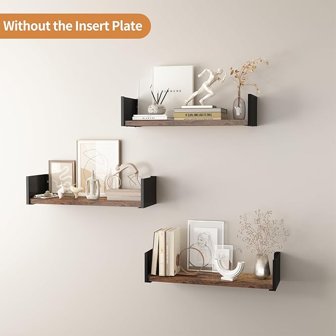 Black Floating Shelves with Removable Insert Plate Set of 3, Wooden Display Shelves, Rustic Decorative Wall Shelves for Living Room, Bedroom, Kitchen