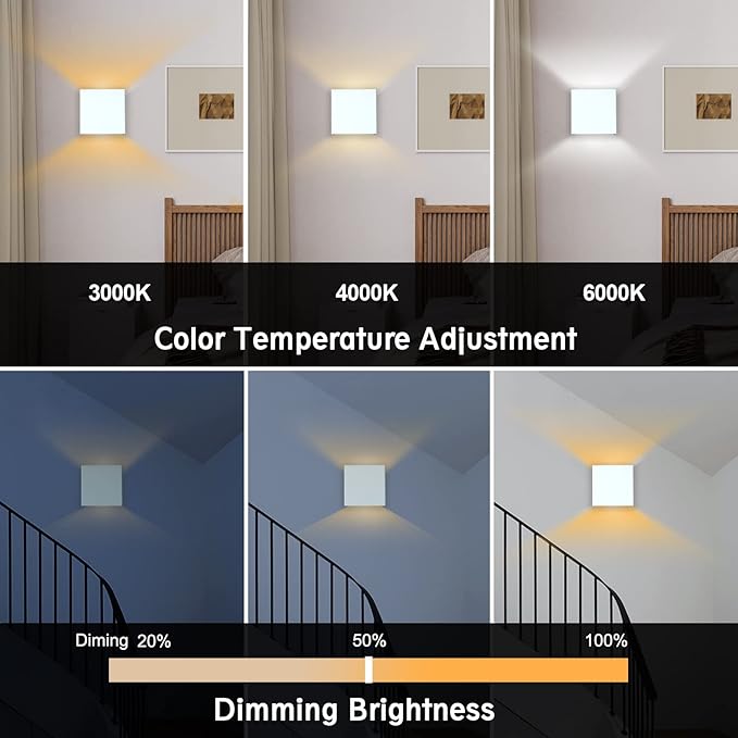 HEQIQEH Modern Cube Battery Operated Wall Sconces, White LED Cube Indoor Up and Down Wall Lamp with Remote Control, Dimmable Cordless Wall Lighting Fixtures for Living Room,Bedside (White - 2 Pack)