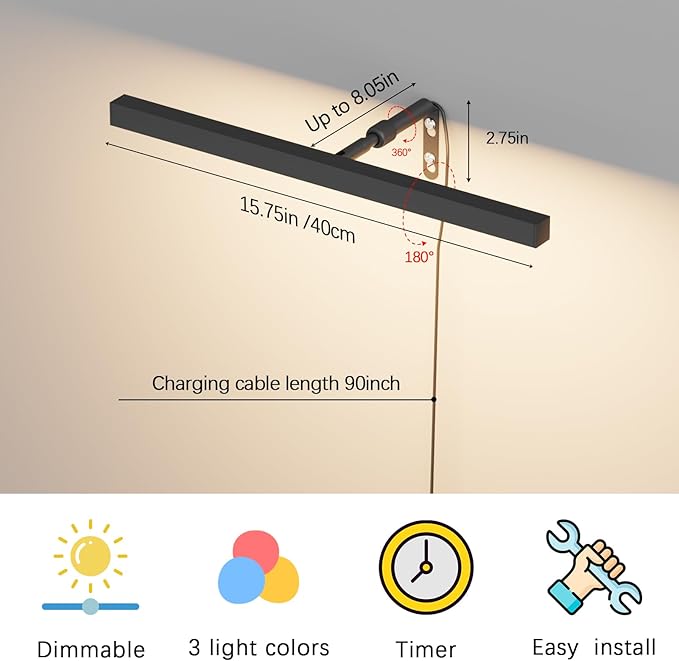 Plug in Picture Lights for Wall, 16 inch Dimmable LED Art Light with Remote, 3 Colour Temperature Gallery Painting Wall Light for Picture Display Dartboard Art Work (Black)