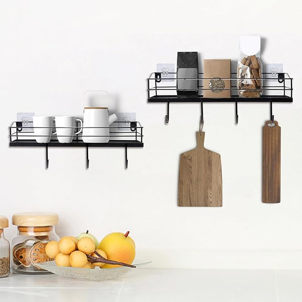 Lyeasw Black Floating Shelves Wall Mounted with 8 Removable Hanging Hooks, 15-Inch Adhesive Shower Shelf Organizer for Bathroom Kitchen Storage Rack, Set of 2