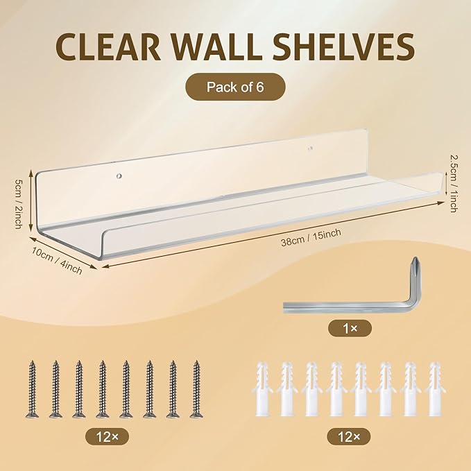 Acrylic Floating Shelves for Wall 6 Pack, 15