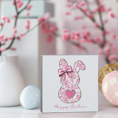 Pink Happy Easter Sign Easter Table Decor Bow Bunny Decor Blue And White Chinoiserie Decor Wooden Box Sign for Home Office Bedroom Living Room Desk Shelves