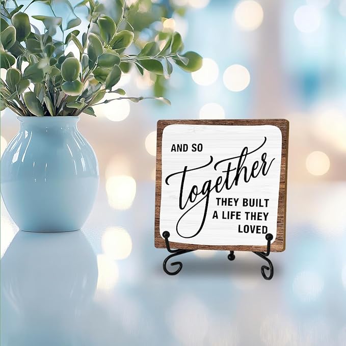 Home Desk Decor Sign, Rustic Wooden Sign With Stand, And So Together They Built A Life They Loved Sign For Farmhouse Home Living Room Bedroom Shelf Table, Coffee Lover Gifts For Family Friend Women