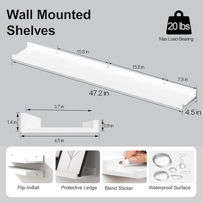 White Floating Shelves for Wall Decor, Long Wall Mounted Storage Shelf for Bedroom, Living Room, Bathroom, Kitchen, Nursery, Display Picture Ledge Shelf with Lip Set of 2-48 Inches, White