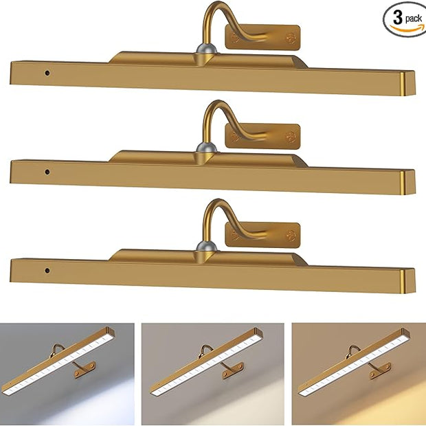 Picture Light Battery Rechargeable, 3Pack Picture Light for Wall with Remote, 3 Color Modes and Dimmable Classic Art Lights for Paintings, Pictures in Gallery, Bedroom, with Timer_Antique Gold