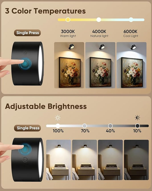 LED Wall Mounted Lights 2 Pcs with Remote, Rechargeable Wall Sconce with 3 Color Temps & Dimmable Magnetic 360° Rotation Cordless Light for Bedroom Reading Bedside (Black, 1 Pack)