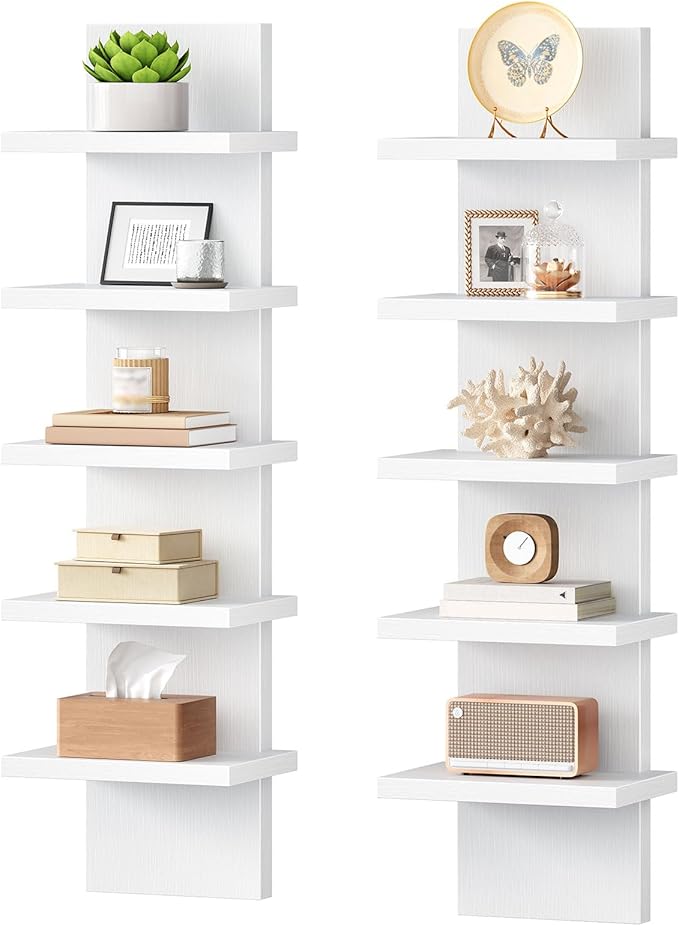 HOOBRO 5 Tier Wall Shelf Unit, 2 Pack Floating Shelves Wall Mounted, Wall Mount Vertical Shelving, Floating Storage Rack, Organizer Tall Tower Design for Livingroom, Bedroom, Kitchen, White WT18BJP201