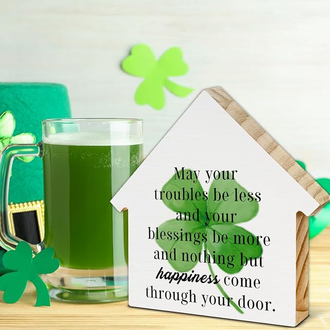 St. Patrick's Day Decor, Clover Decorations, May Your Troubles Be Less and Your Blessings Be More House Shaped Wood Block Sign, Home Decor for Desk Table Shelf, St Patricks Day Decorations