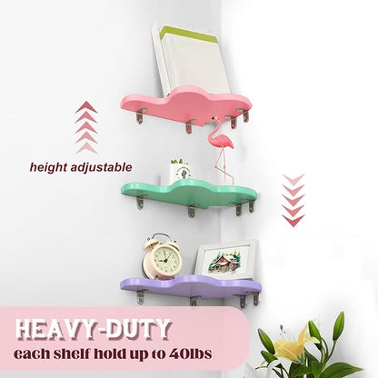 Menkxi Cute Wavy Corner Shelf Wall Mount, Set of 3 Wood Floating Cloud Corner Wall Shelves with Cord Hole Wall Danish Pastel for Bedroom Living Room Bathroom Kitchen