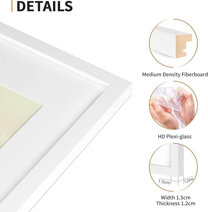 12x16 Picture Frame Set of 4, Displays 8x10 with Mat or 12x16 Without Mat, Photo Frames for Wall Hanging or Tabletop, Includes HD Plexiglass, White