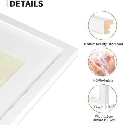 5x7 Picture Frame Set of 4, Displays 4x6 with Mat or 5x7 Without Mat, Photo Frames for Wall Hanging or Tabletop, Includes HD Plexiglass, White