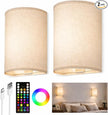 EZVALO Battery Operated Wall Sconce, Rechargeable Wall Sconces Set of Two with Remote, 3 Color & 80 RGB Wireless Wall Lights, Dimmable, Timer, Fabric Linen Shade Wall Decor for Bedroom, Living Room