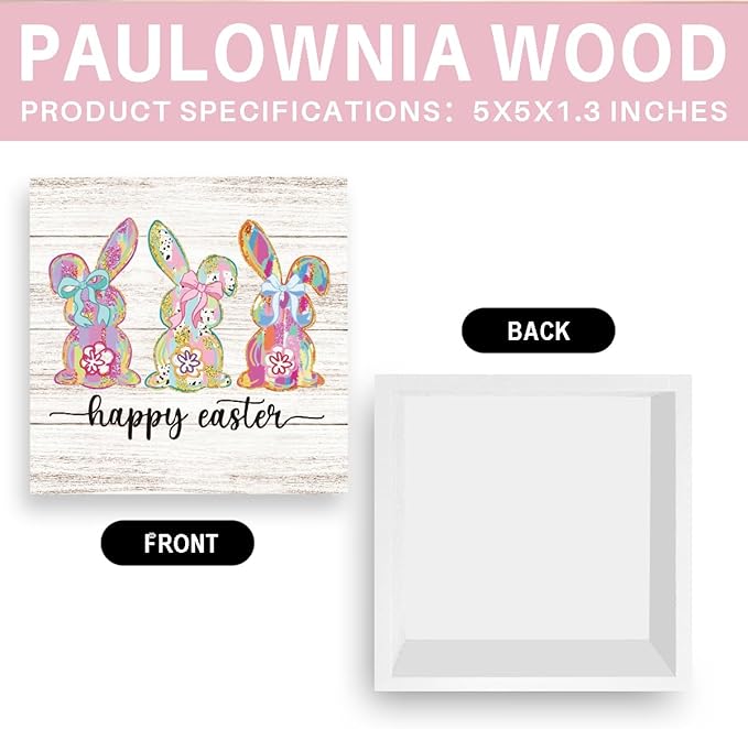 Happy Easter Sign Bunny Decor Bunny Table Decorations Spring Flower Decor Indoor for Office Desk Table Shelf Tiered Tray Happy Easter Wooden Sign 5 X 5 Inch