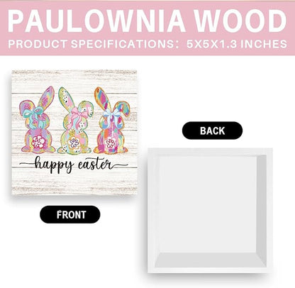 Happy Easter Sign Bunny Decor Bunny Table Decorations Spring Flower Decor Indoor for Office Desk Table Shelf Tiered Tray Happy Easter Wooden Sign 5 X 5 Inch