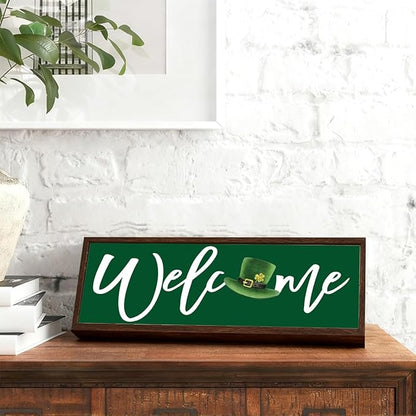 Welcome Desk Sign, St Patricks Day Wooden Table Sign, Green Irish Decor Signs, Welcome Home Decor, Front Door Decoration for Shelf, Porch Decors, Rustic Farmhouse Decors, 9.5x3.1x1 inches