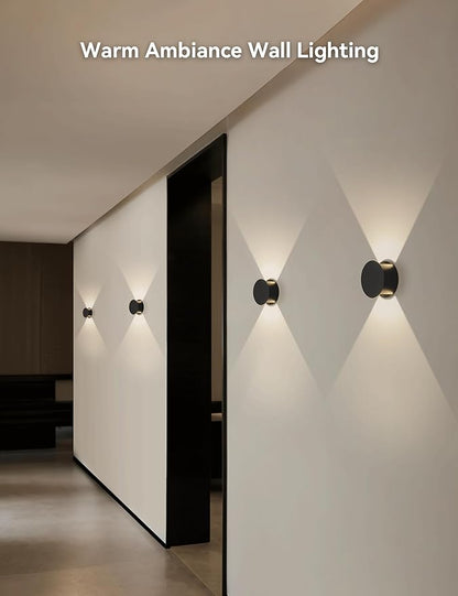 Tubicen LED Wall Sconces Set of 2 Dimmable Home Theater Sconces Beam-Adjustable Up and Down Wall Lights Indoor 6W Black Round Small Wall Sconces for Living Room Bedroom Hallway Stairs Hardwired