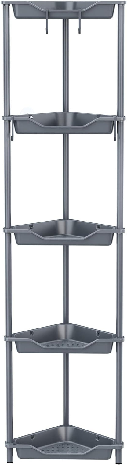 Orimade Rustproof 5 Tier Floor Standing Corner Shower Caddy Organizer, Plastic Metal Splicing Floor Corner Shelf Rack Stands for Bathroom, Grey