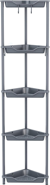 Orimade Rustproof 5 Tier Floor Standing Corner Shower Caddy Organizer, Plastic Metal Splicing Floor Corner Shelf Rack Stands for Bathroom, Grey
