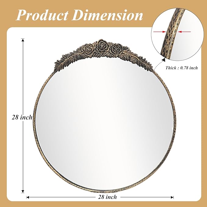 Growsun Round Wall Mirror with Vintage Black Floral Frame – 28 Inch Decorative Wall Mirror for Living Room, Bedroom, Entryway, Bathroom Vanity – Elegant Antique Accent Home Décor
