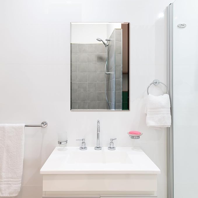 Frameless Bathroom Mirror for Wall, Rectangle Beveled Edge Mirror for Over Sink, Tempered Glass, Shatterproof, Hangs Horizontally or Vertically for Living Room, Entryway, Restroom, 24