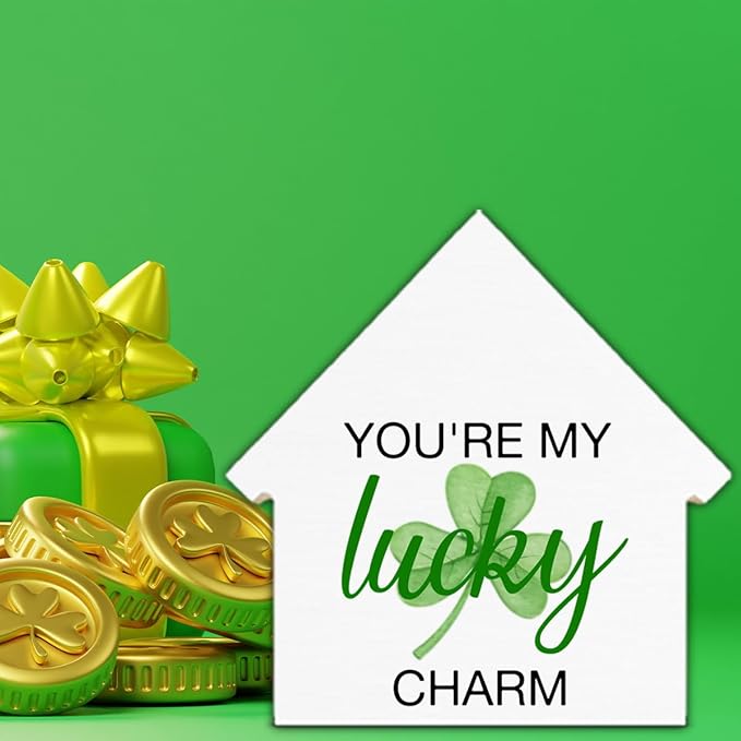 St. Patrick's Day Decor, Shamrock Decorations, Lucky Charm House Shaped Wood Block Sign, Home Decor for Desk Table Shelf, St Patricks Day Decorations