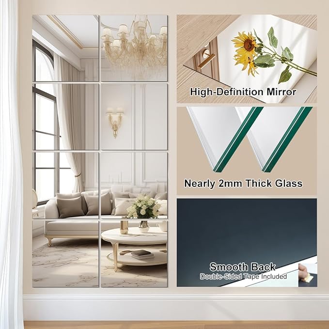 Vlush Full Length Wall & Tiles 10.2'' x 10.2'' x 8PCS Full Body Mirror, Full Length Mirror Wall Mounted Mirrors Decorative for Home Gym, Door, Bedroom & Bathroom