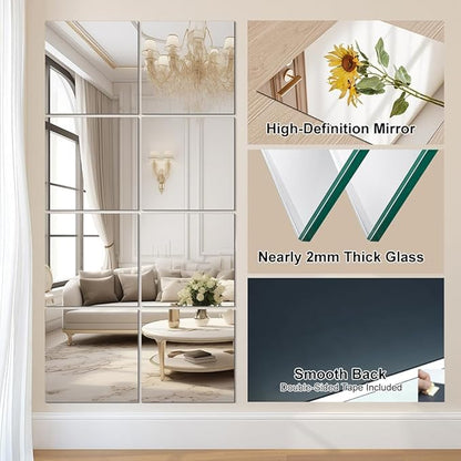 Vlush Full Length Wall & Tiles 10.2'' x 10.2'' x 8PCS Full Body Mirror, Full Length Mirror Wall Mounted Mirrors Decorative for Home Gym, Door, Bedroom & Bathroom