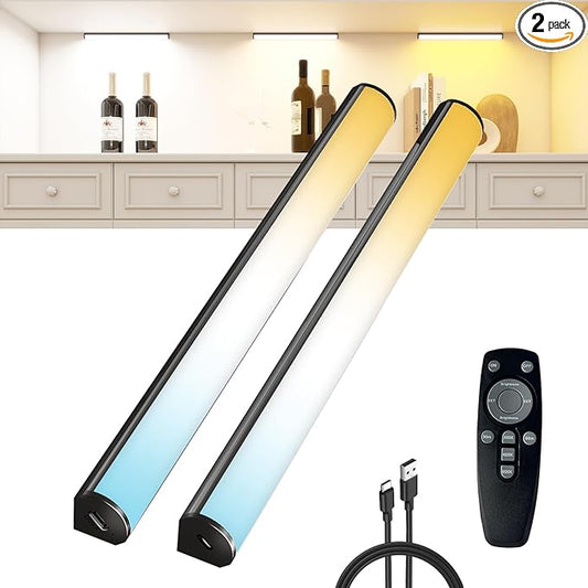 Under Cabinet Lighting Wireless with Remote,Rechargeable Battery Operated Closet Lights,3 Color Magnetic Dimmable led Strip Lights,Under Counter Lights for Kitchen,Shelf,Bedroom (Black-2PCS, 20cm)