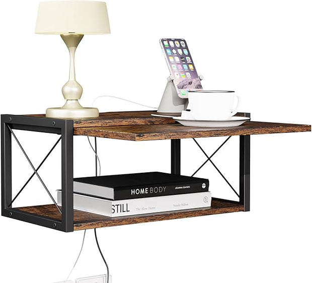 2-Tier Floating Nightstand, Wall Mounted Bedside Table, Wood Bedside Shelf Wall Mounted Nightstand, Floating Bedside Table Wall Shelf for Bedroom, Living Room, Kitchen, Office, Rustic Brown