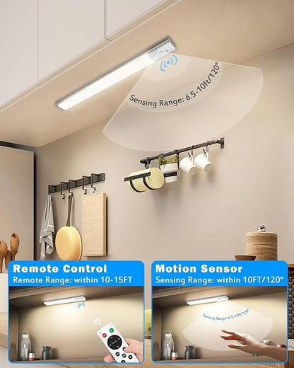 Under Cabinet Lighting with Remote, 64 LEDs Motion Sensor Light Indoor Closet Lights, 3 Color Temps Wireless Rechargeable Dimmable LED Night Light for Shelf, Pantry, Stair, 3 Pack