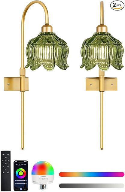 Glass Battery Operated Wall Sconces Set of Two,Wireless Flower Battery Wall Light with 5000mAh RGB Dimmable Bulb and Remote, Rechargeable Wall Lamp Sconce for Bedroom Living Room Hallway