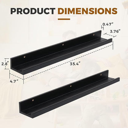 Muzilife 35.4" Large Floating Wall Ledge Shelves with Lip - Set of 2 Wood Floating Shelves - Black Wall Mounted Picture Ledge for Office, Bathroom, Bedroom, Living Room, Kitchen