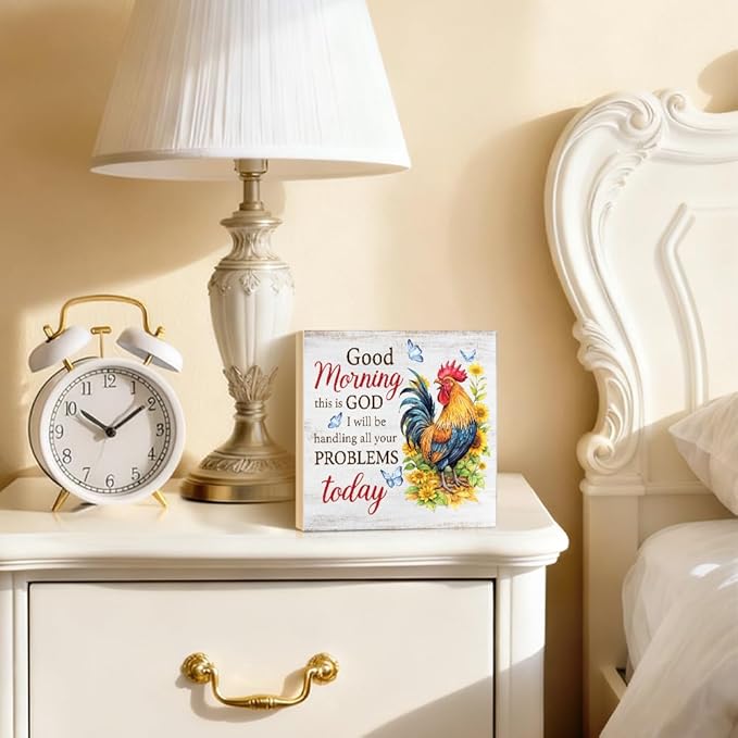 Good Morning This Is God I Will Be Handling All Your Problems Today Wood Block Plaque Box Sign for Home Living Room Coffee House Bar Shelf Table Office Decoration, Rooster Art Home Decor