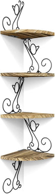 Alsonerbay Wall Mount Corner Shelves 4 Tier Floating Corner Storage Wood Shelves Decorative Rustic Radial Shelf in Cat Shape Carbonized Black