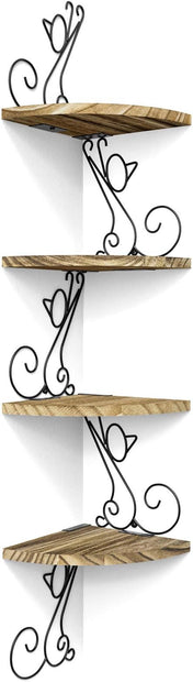 Alsonerbay Wall Mount Corner Shelves 4 Tier Floating Corner Storage Wood Shelves Decorative Rustic Radial Shelf in Cat Shape Carbonized Black