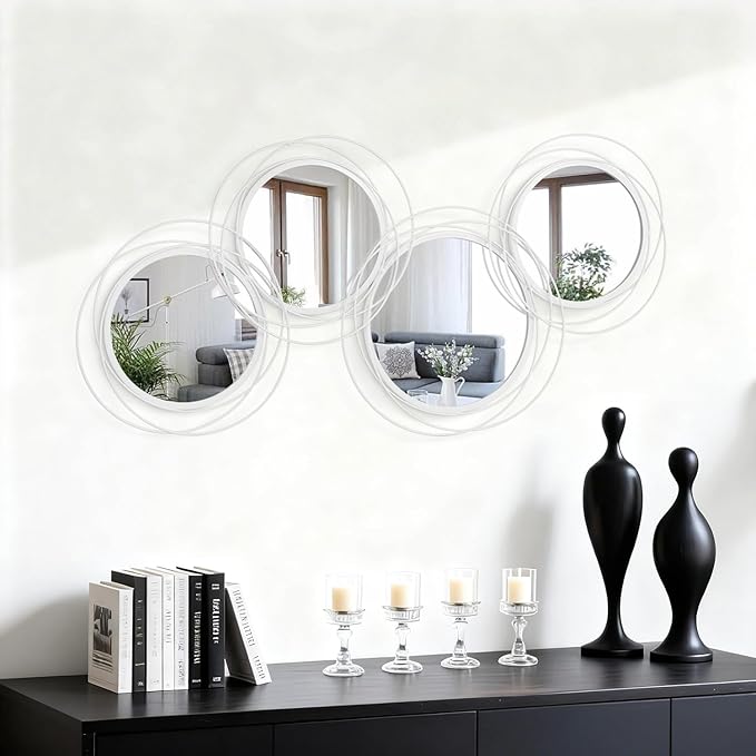 White Round Mirror Set, 4 PCS Wall Mounted Mirror Circle Metal Framed Modern Mirrors for Living Room Bedroom Entryway, 16x32 Inch Decor