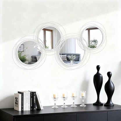 White Round Mirror Set, 4 PCS Wall Mounted Mirror Circle Metal Framed Modern Mirrors for Living Room Bedroom Entryway, 16x32 Inch Decor