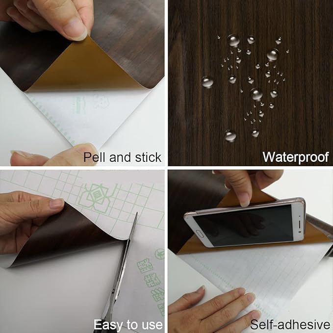 TOTIO Dark Brown Wood Wallpaper Black Walnut Wood Contact Paper Thick Peel Stick Wood Look Wall Paper Removable Adhesive Waterproof Wall Covering Decoration Countertop Counter Desk Vinyl Roll 24"x118"