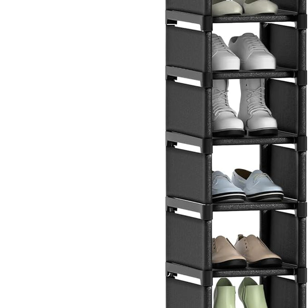 Narrow Shoe Rack 8 Tier, Slim Vertical Shoe Organizer for Small Spaces, Stackable Shoe Storage Shelf with Metal Frame & Fabric Shelves, Shoe Rack for Closet Entryway Bedroom
