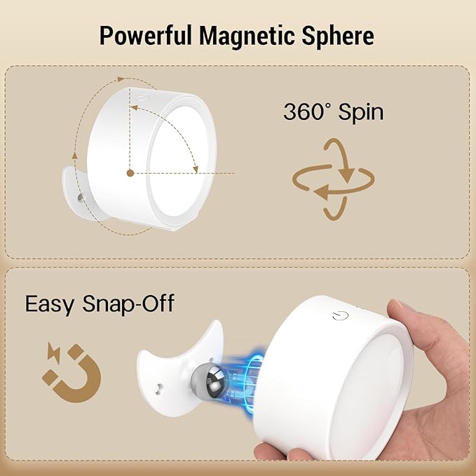 LED Wall Sconces, 160H Battery Life, Rechargeable Cordless Mounted Lights, 3 Color & 4 Brightness Level & 360°Rotate Magnetic Ball & Touch or Remote, for Reading Bedroom (White)