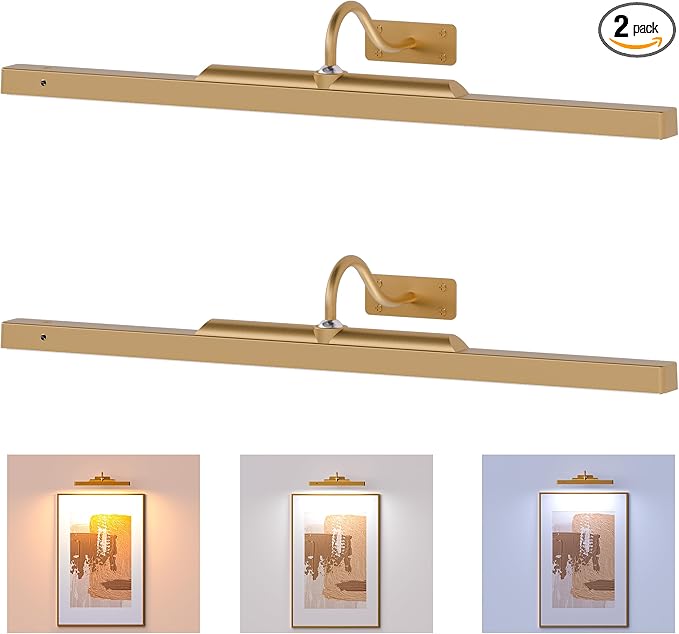 Art Light for Wall Picture Brass, 6000mAh Rechargeable Wireless Wall Sconce,Battery Operated Remote Dimmable Lighting for Hallway Sconce(24 in, 2 Pack)