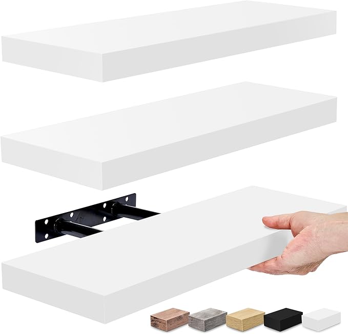 Sorbus Floating Shelves for Wall – 16 Inch Floating Shelf for Kitchen, Bedroom, Living Room, Bathroom, Home & Wall Decor - Mounted Bathroom Shelves with Invisible Brackets (White, 3 Pack)
