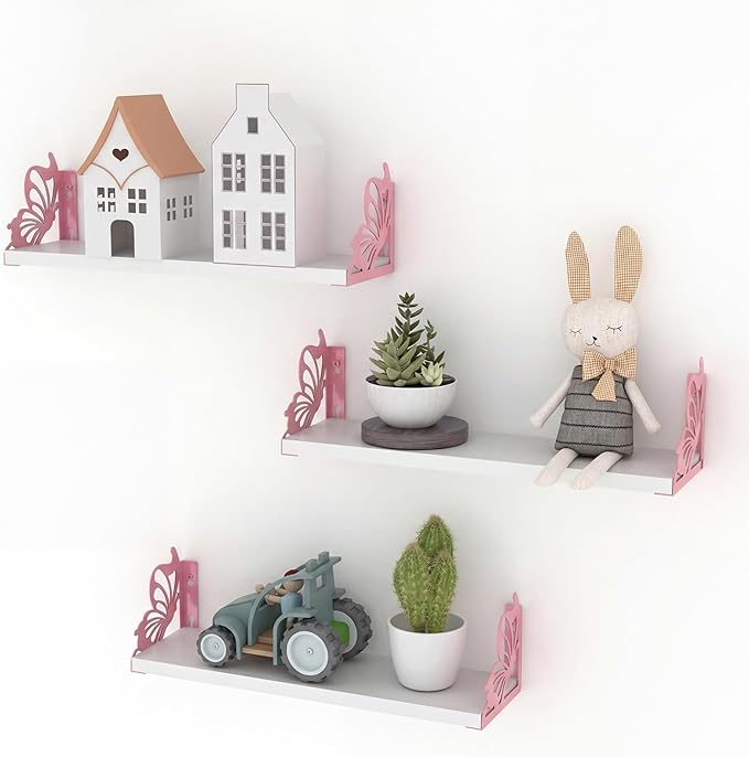 Hoikwo 3 Pack Butterfly Wall Shelves, White Pink Floating Book Shelves, for Mother, Mom, Women, Girls, for Preppy Room Decor, Living Room, Bedroom Decor Aesthetic