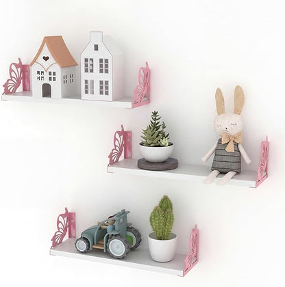 Hoikwo 3 Pack Butterfly Wall Shelves, White Pink Floating Book Shelves, for Mother, Mom, Women, Girls, for Preppy Room Decor, Living Room, Bedroom Decor Aesthetic