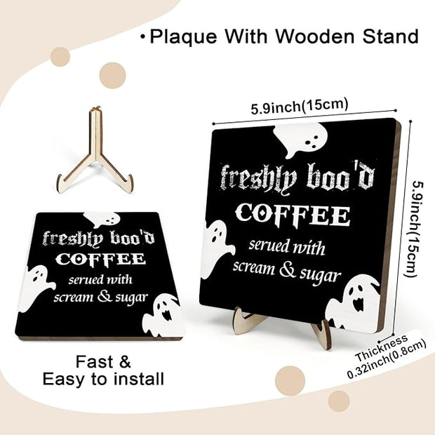 Freshly Boo'd Coffee Wood Sign, Halloween Coffee Bar Decor, Scream Sugar Spooky Season Haunted House Signs Ghosts Fall Shelf Sitter Kitchen Rustic Farmhouse Home Decor Wooden Plaque Sign