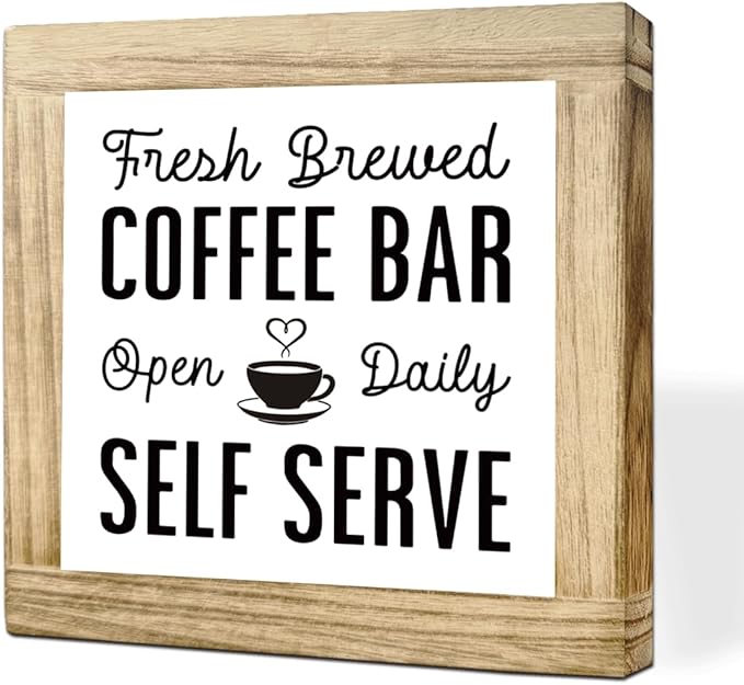 Vintage Coffee Bar Signs Fresh Brewed Coffee Bar Open Daily Self Serve Farmhouse Cafe Sign Wall Decor for Kitchen Home Office Rustic Coffees Style Decor Square Wood cafe Art 5.9x5.9 Inch